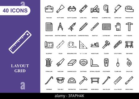 A comprehensive collection of forty linear construction and carpentry tool icons for professional design projects. Stock Vector