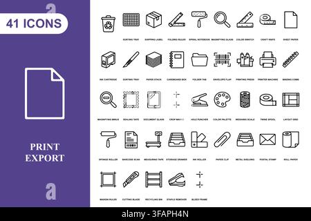 A comprehensive collection of office and printing supply line art icons for professional design projects. Stock Vector
