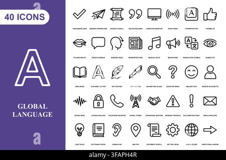 A collection of forty thin line icons representing communication, language, and global connectivity concepts. Stock Vector