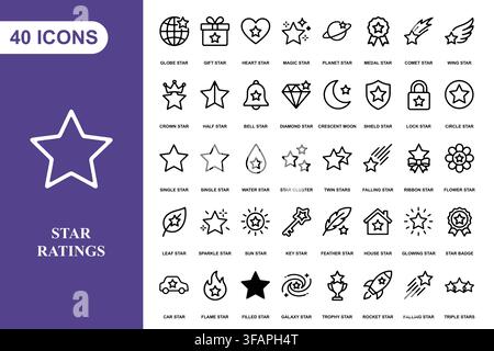 A collection of forty star themed line art icons for web and graphic design projects. Stock Vector