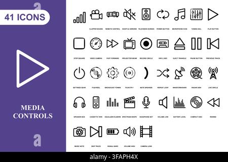 A comprehensive collection of outline media control icons for digital interface design and multimedia applications. Stock Vector