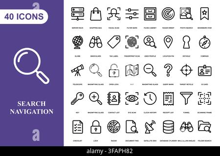 A collection of forty linear search and navigation icons for web and mobile interface design. Stock Vector