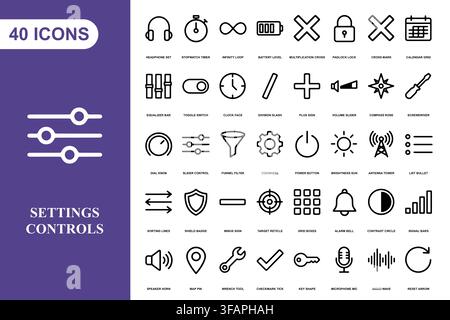 A comprehensive collection of forty essential line art interface icons for web and mobile application design. Stock Vector