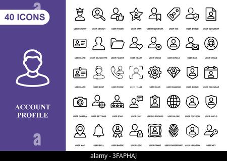 A comprehensive collection of forty linear account profile icons for user interface and web design projects. Stock Vector