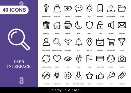 A comprehensive collection of forty linear user interface icons for web and mobile application design projects. Stock Vector
