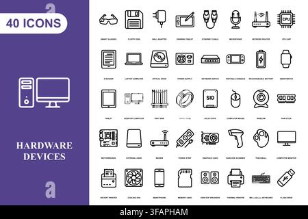 A comprehensive collection of forty linear icons representing various computer hardware and digital devices. Stock Vector