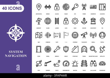 A comprehensive collection of forty linear navigation and travel icons for web and mobile interface design. Stock Vector
