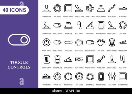 A collection of forty linear toggle and switch control icons for user interface and industrial design projects. Stock Vector