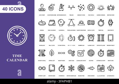 A comprehensive collection of forty linear icons representing time management, scheduling, and calendar concepts. Stock Vector