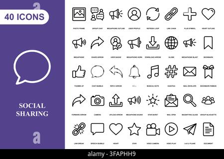 A collection of forty outline icons for social media sharing, communication, and digital marketing interface design. Stock Vector