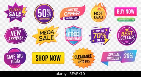 Sale Badges and Discount Tags Bundle with Promotional Banners and E-Commerce Elements Stock Vector