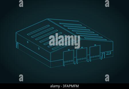 Warehouse isometric blueprint stylized vector illustration Stock Vector