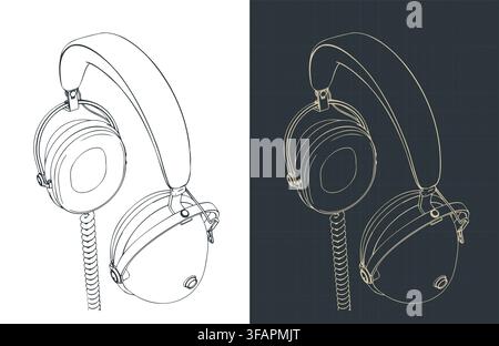 Retro studio headphones stylized technical drawing, stylized vector illustration Stock Vector