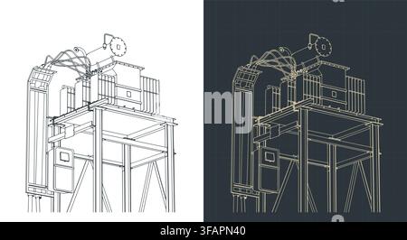 Industrial transformer substation isometric technical drawing, stylized vector illustration Stock Vector