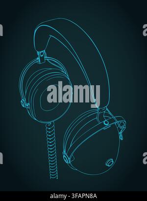 Retro studio headphones stylized technical blueprint, stylized vector illustration Stock Vector