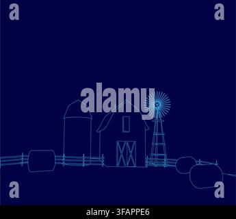 A blue barn with a crisp white contour stands behind a wooden fence. A tall windmill rises against a dark blue sky in the background. Stock Vector