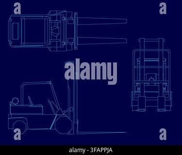 Detailed forklift blueprint on a blue background highlights the vehicle's contour and key components like the cab and lifting mechanism. The white tec Stock Vector