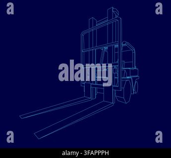 Detailed blueprint of a forklift truck with visible wheels and handlebars. The white contour drawing stands out sharply against the solid blue backgro Stock Vector