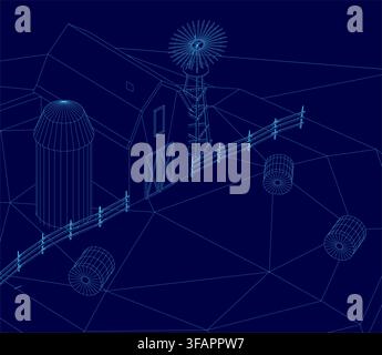 A detailed 3D wireframe model of a traditional farm barn features a prominent windmill on its roof, set against a solid blue background for a clean pr Stock Vector