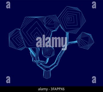 Low poly tree contour on a blue background, composed of hexagonal shapes, circles, squares, and triangles. This creates a unique and eye-catching geom Stock Vector