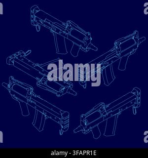 Blueprint of an submachine gun with detailed components and contour lines on a blue technical background. This rifle set diagram highlights its mechan Stock Vector