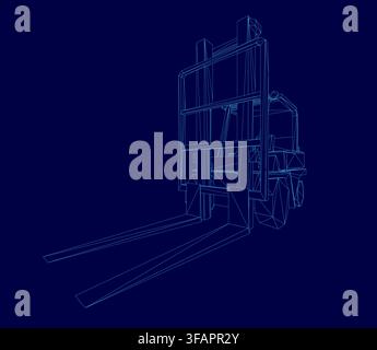 A detailed 3D wireframe model of a forklift truck, featuring blueprint-style lines on a solid blue background. The intricate design highlights the veh Stock Vector