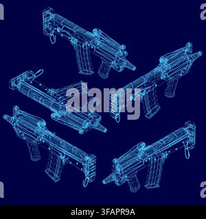 Blueprint wireframe set of five distinct assault rifles arranged symmetrically on a solid blue background. Each rifle features a unique design with cl Stock Vector