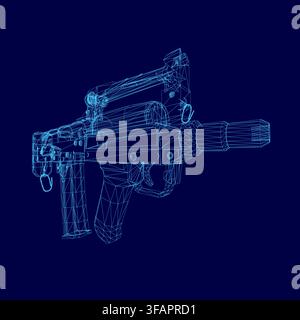 A detailed rifle blueprint set in 3D wireframe view, isolated on a solid blue background for technical or design presentations. Stock Vector