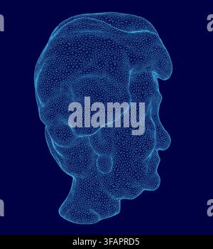 A stylized wireframe granny head model features a transparent geometric mesh structure with visible polygonal contours. This digital art piece explore Stock Vector