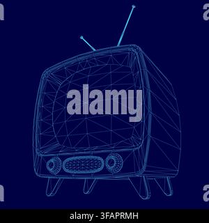 An old fashioned television on a blue background features a detailed wireframe overlay for a retro technical aesthetic. Stock Vector