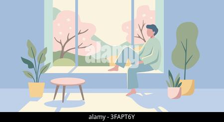 Man sits in cozy room looking out a window at a spring landscape with blossoming trees. Interior decor relaxation. Stock Vector