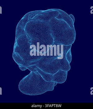 A stylized wireframe head model of a granny character features geometric facial contours, a transparent digital mesh structure, and clean vector lines Stock Vector