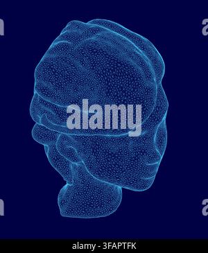A stylized wireframe model of a human brain is contained within a woman's head silhouette. The intricate mesh design represents advanced technology an Stock Vector
