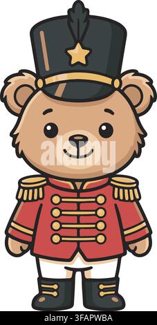 Cute Teddy Bear Nutcracker Soldier Wearing Red Uniform Shako Hat Christmas Holiday Vector Illustration Graphic Clip Art Stock Vector