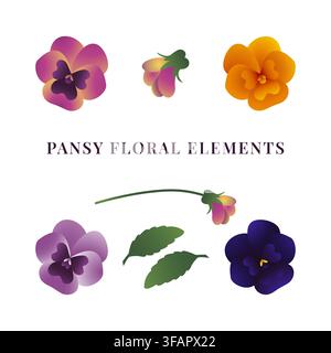 Colorful pansy flower elements for spring decoration, event invitation, floral design concept, birthday card. Stock Vector