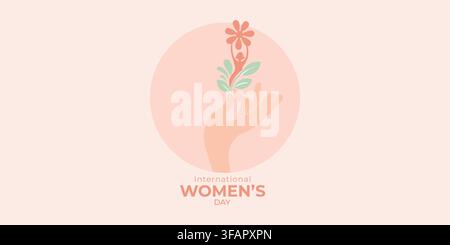 Feminine hand holding plant with flower and woman figure symbolizes growth and empowerment for International Women’s Day. Stock Vector