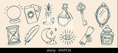 Mystical Halloween doodle set with tarot cards, crystal ball, magic candle, potion bottle, moon, key and occult symbols. Stock Vector