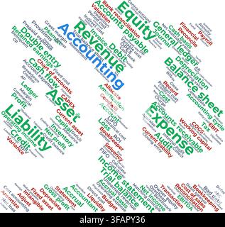 Accounting word cloud vector illustration featuring balance sheet, audit, assets, and liabilities keywords isolated on transparent background. Stock Vector