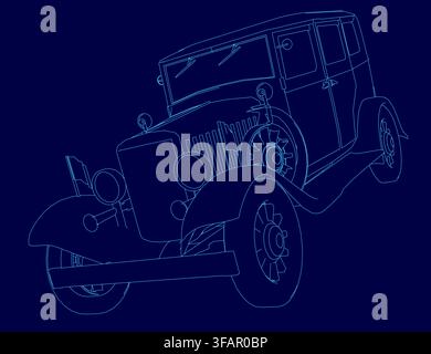 A detailed retro car contour illustration on a stark blue background highlights its classic design and intricate vintage features. Stock Vector