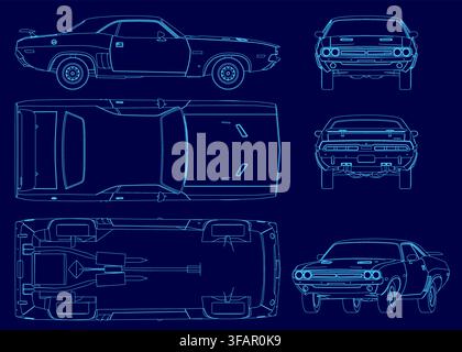 Blueprint of a muscle car on a blue background, featuring detailed technical drawings of the engine, transmission, and other mechanical components. Stock Vector