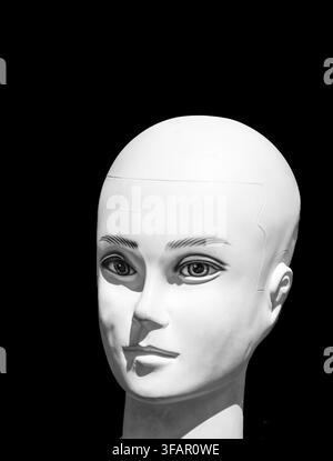 All white female bald mannequin head isolated on a black background with eye makeup on Stock Photo