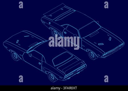 Blueprint of a muscle car in white contour lines on a solid blue background. This vintage automotive technical drawing is part of a classic car set. Stock Vector