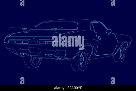 Blueprint illustration of a vintage muscle car on a solid blue background. The detailed contour drawing clearly shows the headlights, iconic grille, a Stock Vector