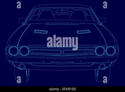 A blue line contour drawing of a muscle car on a solid blue background. Stock Vector