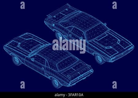 A vintage car wireframe set rendered in realistic 3D on a solid blue background. Stock Vector