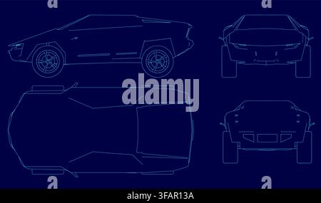 Blueprint concept of a luxury SUV with detailed contour lines highlighting the headlights, grille, and distinctive wheel design. Stock Vector