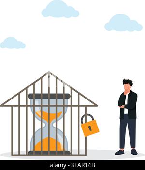 Businessman Looking at Hourglass Locked in Cage Vector Illustration, Time Management and Deadline Pressure Concept Stock Vector