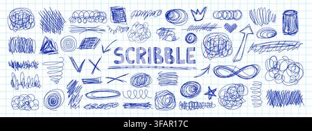 Pen doodles and scribbles form chaotic handwritten textures vector illustration set. Stock Vector