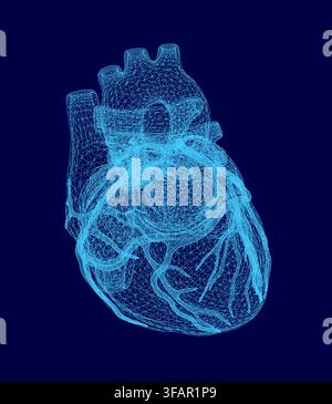 A detailed blue wireframe heart glows against a dark background, showcasing intricate human anatomy and digital structure. Stock Vector