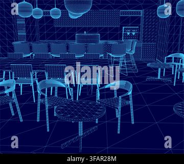 A 3D wireframe model of a restaurant interior, featuring the kitchen area, dining tables, chairs, and ceiling pendant lights. Stock Vector